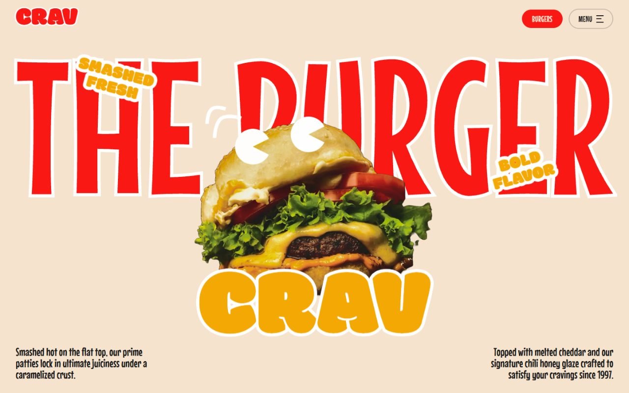 Startseite von Crav Burgers mit riesiger roter Schrift und einem Burger in der Mitte