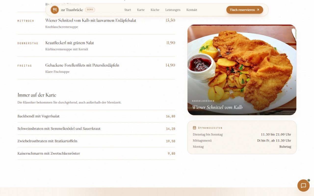 Speisekarte der Demo-Website mit Mittagsmenü und Öffnungszeiten